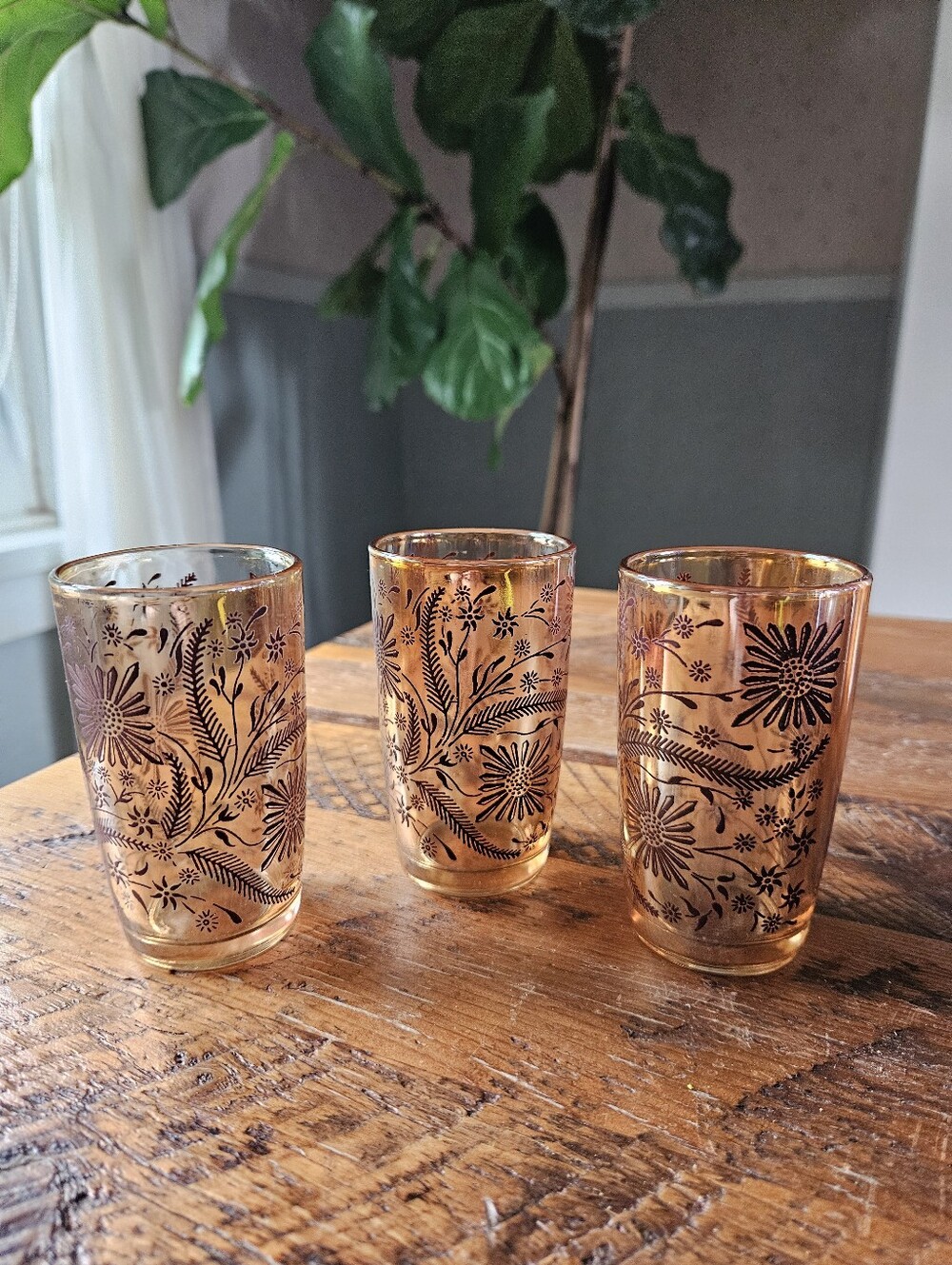 Vintage Jeanette Marigold Carnival Glass, lridescent Cosmos (set of 3)